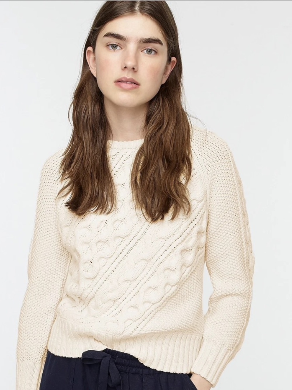 J. Crew Diagonal Cable Knit Crewneck Sweater Cotton Blend Ivory Size Small